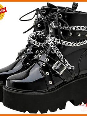 Patent Leather Platform Combat Boots Chunky Heel Lace Up Ankle Booties